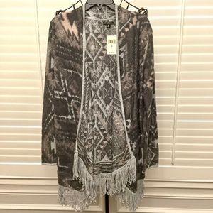 LUCKY BRAND Aztec Flyaway Open Cardigan Fringe MED